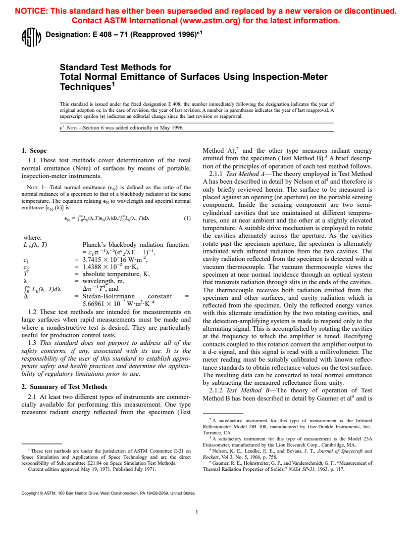 ASTM E408-71(1996)e1 - Standard Test Methods for Total Normal Emittance of Surfaces Using Inspection-Meter Techniques