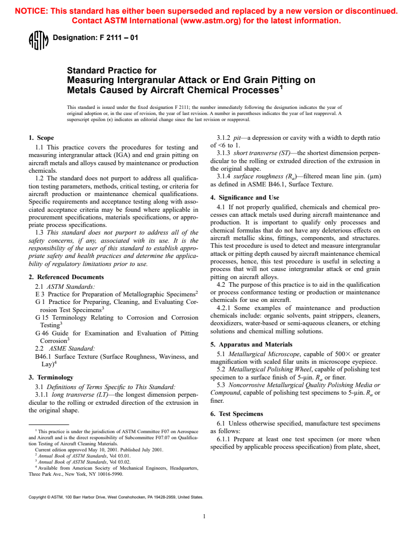 ASTM F2111-01 - Standard Practice for Measuring Intergranular Attack or End Grain Pitting on Metals Caused by Aircraft Chemical Processes