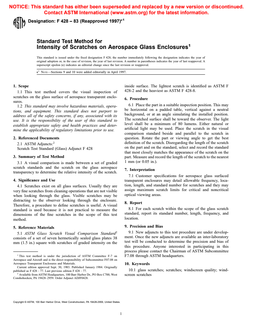 ASTM F428-83(1997)e1 - Standard Test Method for Intensity of Scratches on Aerospace Glass Enclosures