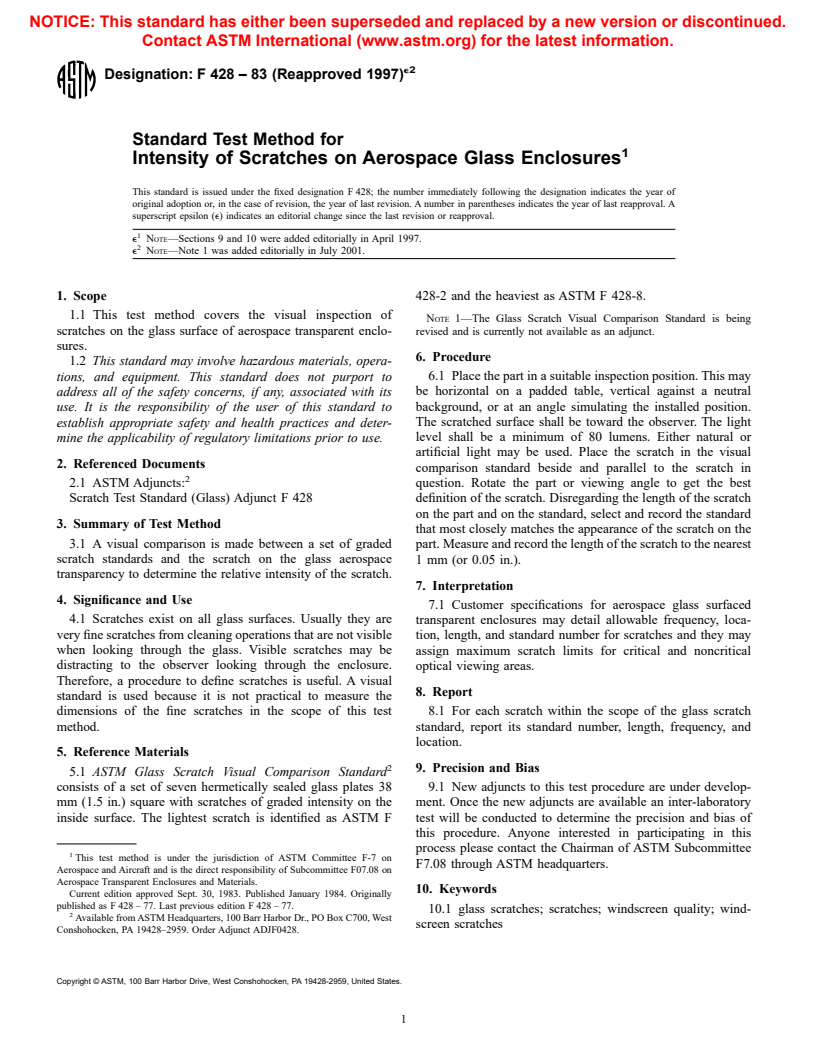 ASTM F428-83(1997)e2 - Standard Test Method for Intensity of Scratches on Aerospace Glass Enclosures