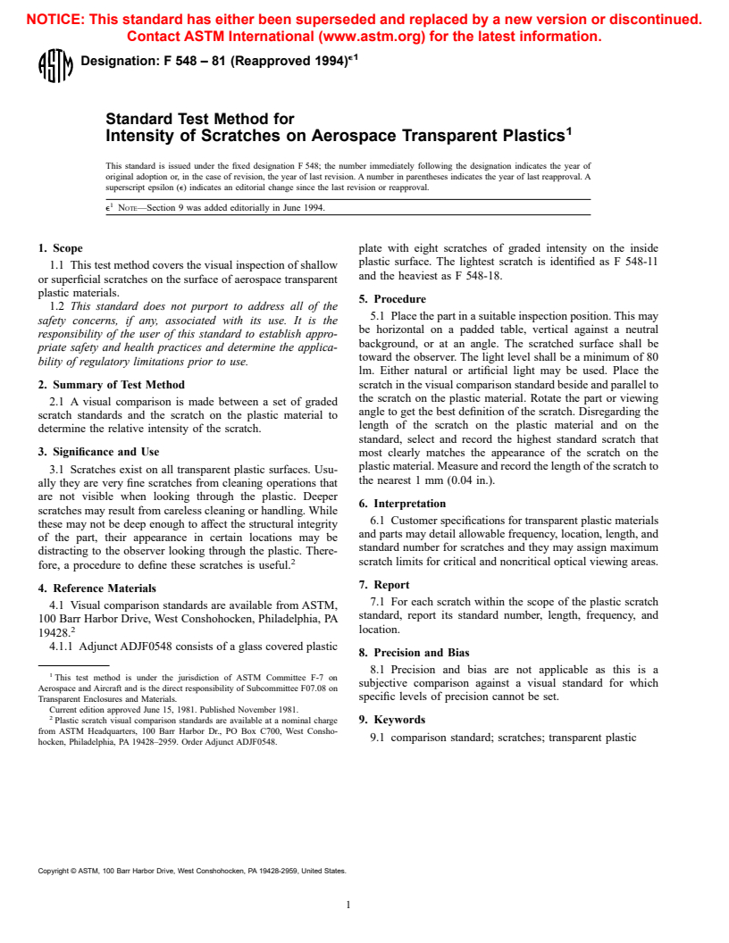 ASTM F548-81(1994)e1 - Standard Test Method for Intensity of Scratches on Aerospace Transparent Plastics