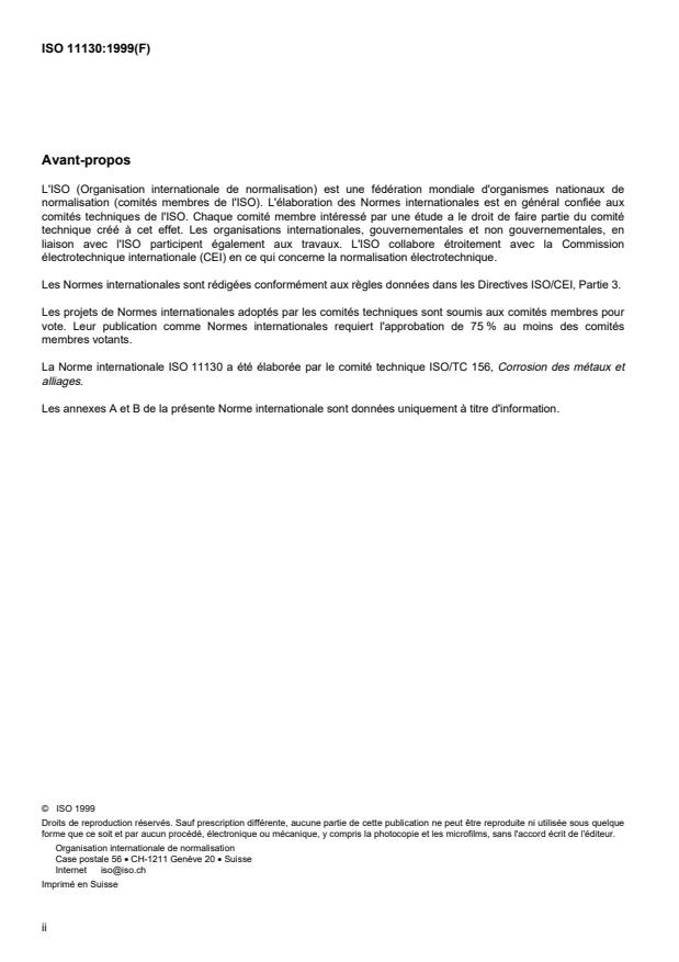 ISO 11130:1999 ISO 11130:1999 - Corrosion des métaux et alliages -- Essai en immersions alternées en solution saline - Page 2 preview