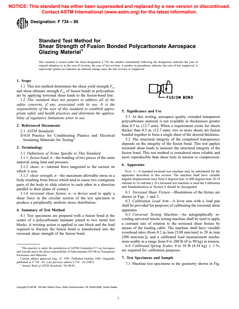 ASTM F734-95 - Standard Test Method for Shear Strength of Fusion Bonded Polycarbonate Aerospace Glazing Material