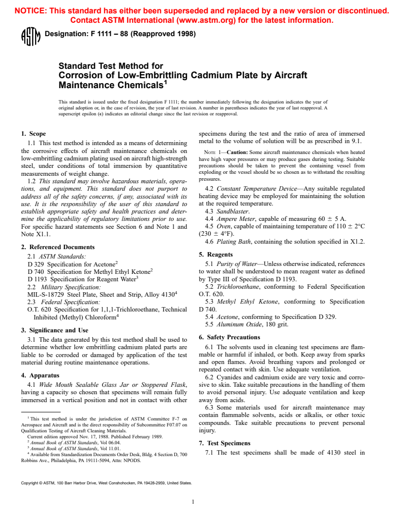 ASTM F1111-88(1998) - Standard Test Method for Corrosion of Low-Embrittling Cadmium Plate by Aircraft Maintenance Chemicals