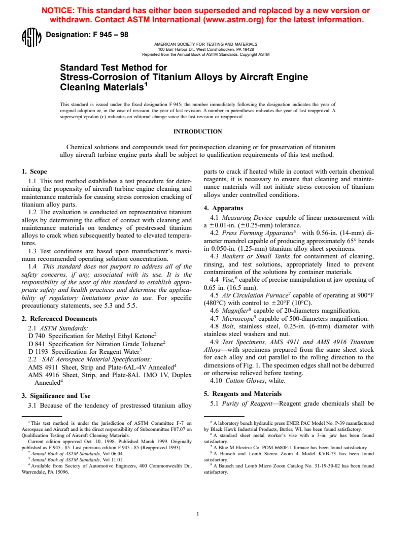 ASTM F945-98 - Standard Test Method for Stress-Corrosion of Titanium Alloys by Aircraft Engine Cleaning Materials