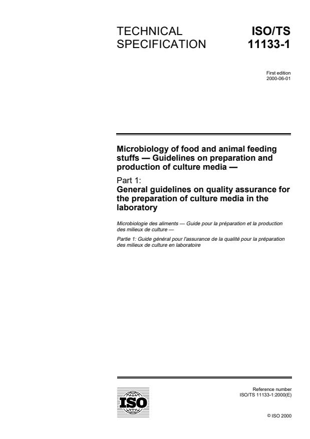 ISO/TS 11133-1:2000 - Microbiology of food and animal feeding stuffs -- Guidelines on preparation and production of culture media
