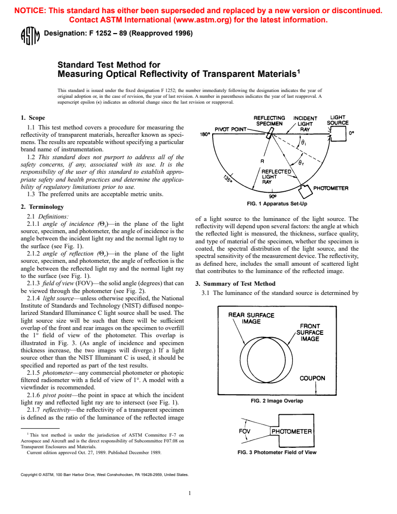 ASTM F1252-89(1996) - Standard Test Method for Measuring Optical Reflectivity of Transparent Materials