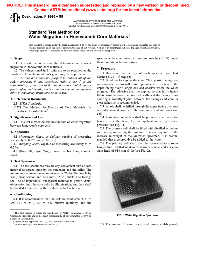 ASTM F1645-95 - Standard Test Method for Water Migration in Honeycomb Core Materials