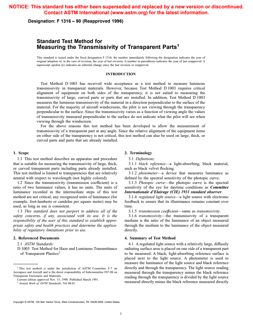 ASTM F1316-90(1996) - Standard Test Method for Measuring the Transmissivity of Transparent Parts