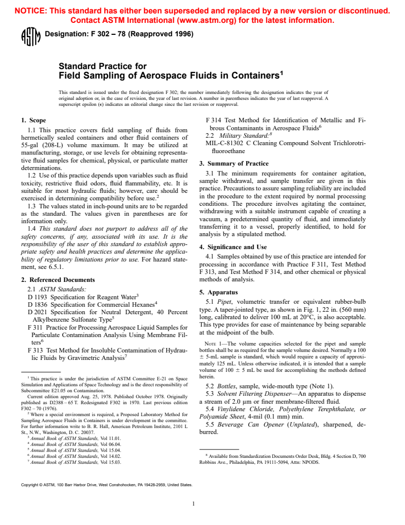 ASTM F302-78(1996) - Standard Practice for Field Sampling of Aerospace Fluids in Containers