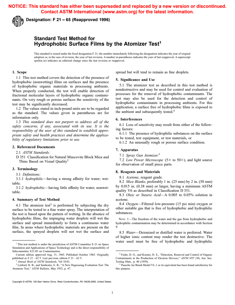 ASTM F21-65(1996) - Standard Test Method for Hydrophobic Surface Films by the Atomizer Test