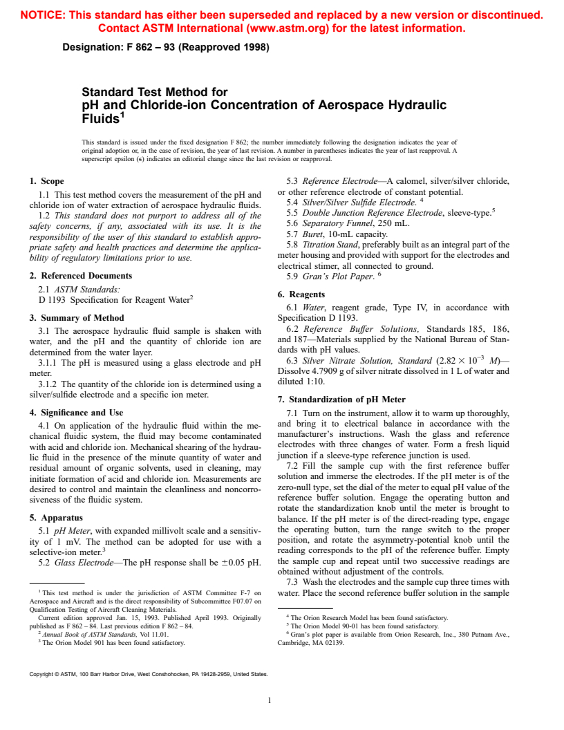 ASTM F862-93(1998) - Standard Test Method for pH and Chloride-ion Concentration of Aerospace Hydraulic Fluids