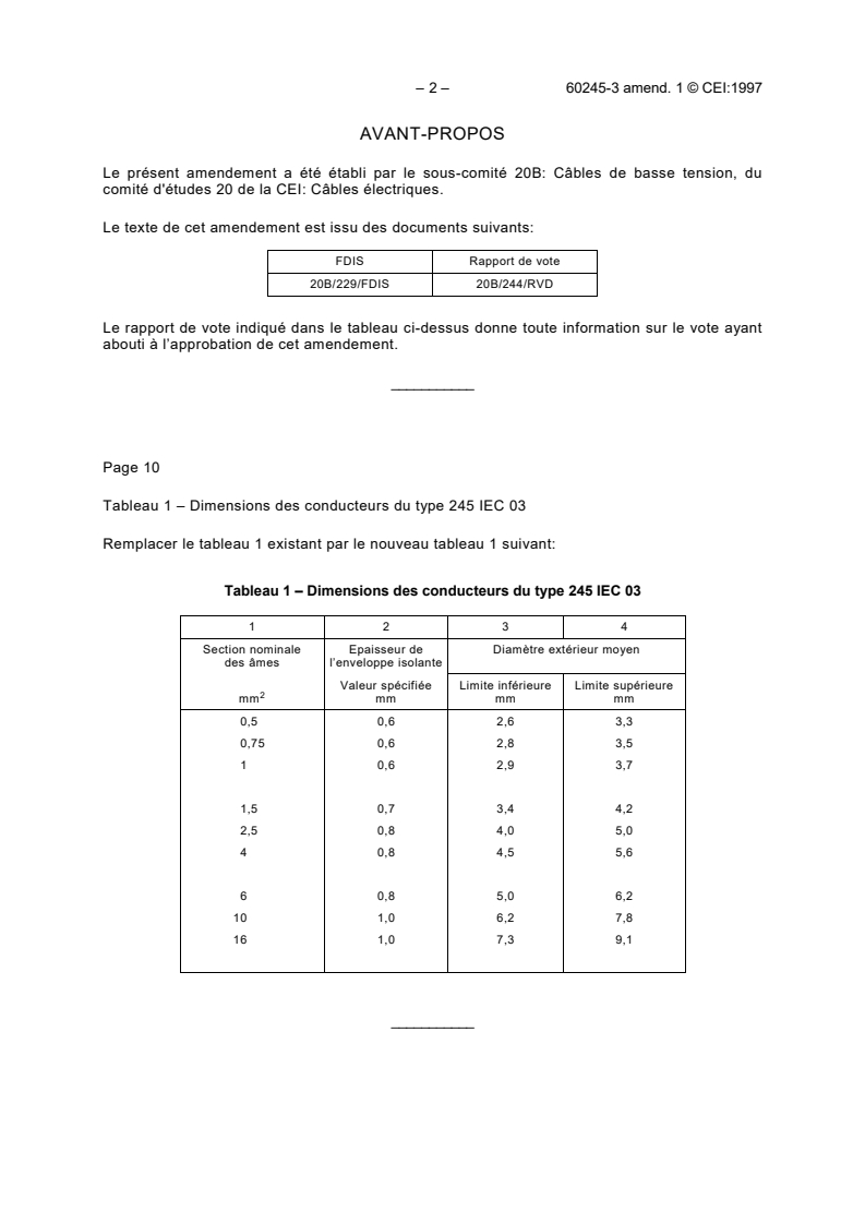 IEC 60245-3:1994/AMD1:1997 IEC 60245-3:1994/AMD1:1997 - Amendement 1 - Conducteurs et câbles isolés au caoutchouc - Tension assignée au plus égale à 450/750 V - Partie 3: Conducteurs isolés au silicone, résistant à la chaleur
Released:6/10/1997 - Page 2 preview