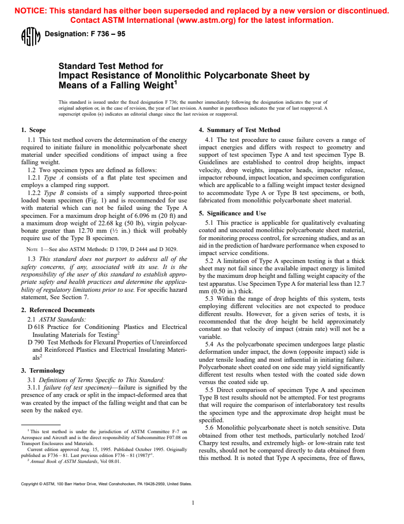 ASTM F736-95 - Standard Test Method for Impact Resistance of Monolithic Polycarbonate Sheet by Means of a Falling Weight