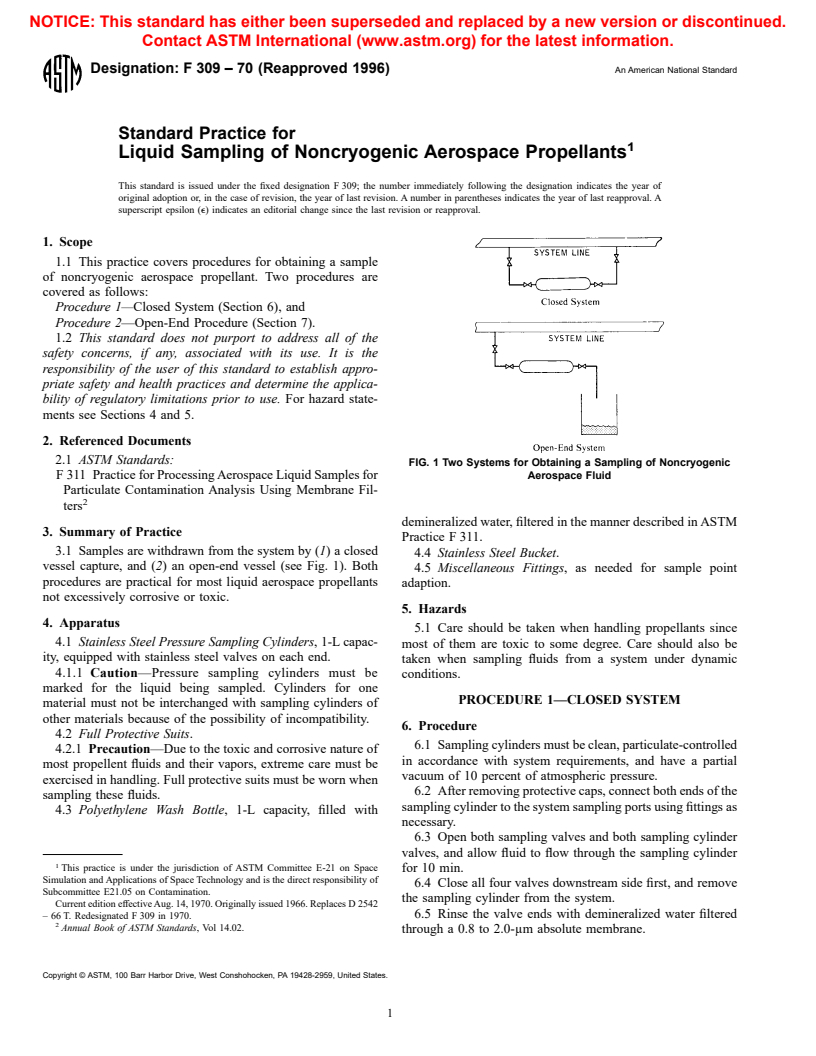 ASTM F309-70(1996) - Standard Practice for Liquid Sampling of Noncryogenic Aerospace Propellants