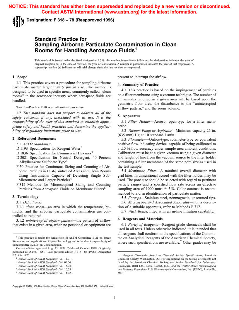 ASTM F318-78(1996) - Standard Practice for Sampling Airborne Particulate Contamination in Clean Rooms for Handling Aerospace Fluids