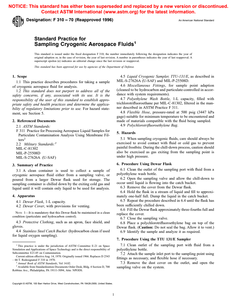 ASTM F310-70(1996) - Standard Practice for Sampling Cryogenic Aerospace Fluids