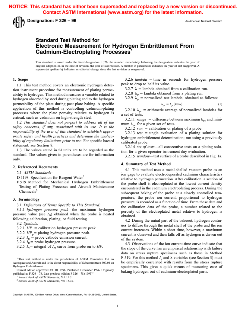 ASTM F326-96 - Standard Test Method for Electronic Measurement for Hydrogen Embrittlement from Cadmium-Electroplating Processes