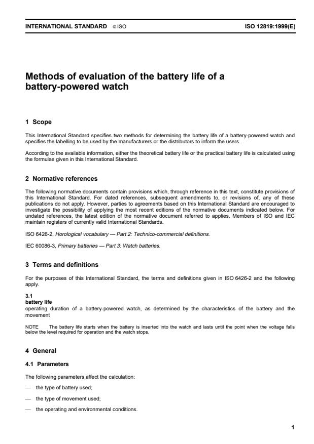 ISO 12819:1999 - Methods of evaluation of the battery life of a battery-powered watch