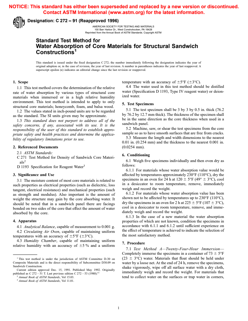 ASTM C272-91(1996) - Standard Test Method for Water Absorption of Core Materials for Structural Sandwich Constructions