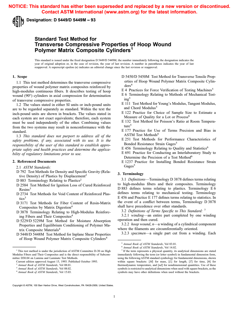 ASTM D5449/D5449M-93 - Standard Test Method for Transverse Compressive Properties of Hoop Wound Polymer Matrix Composite Cylinders