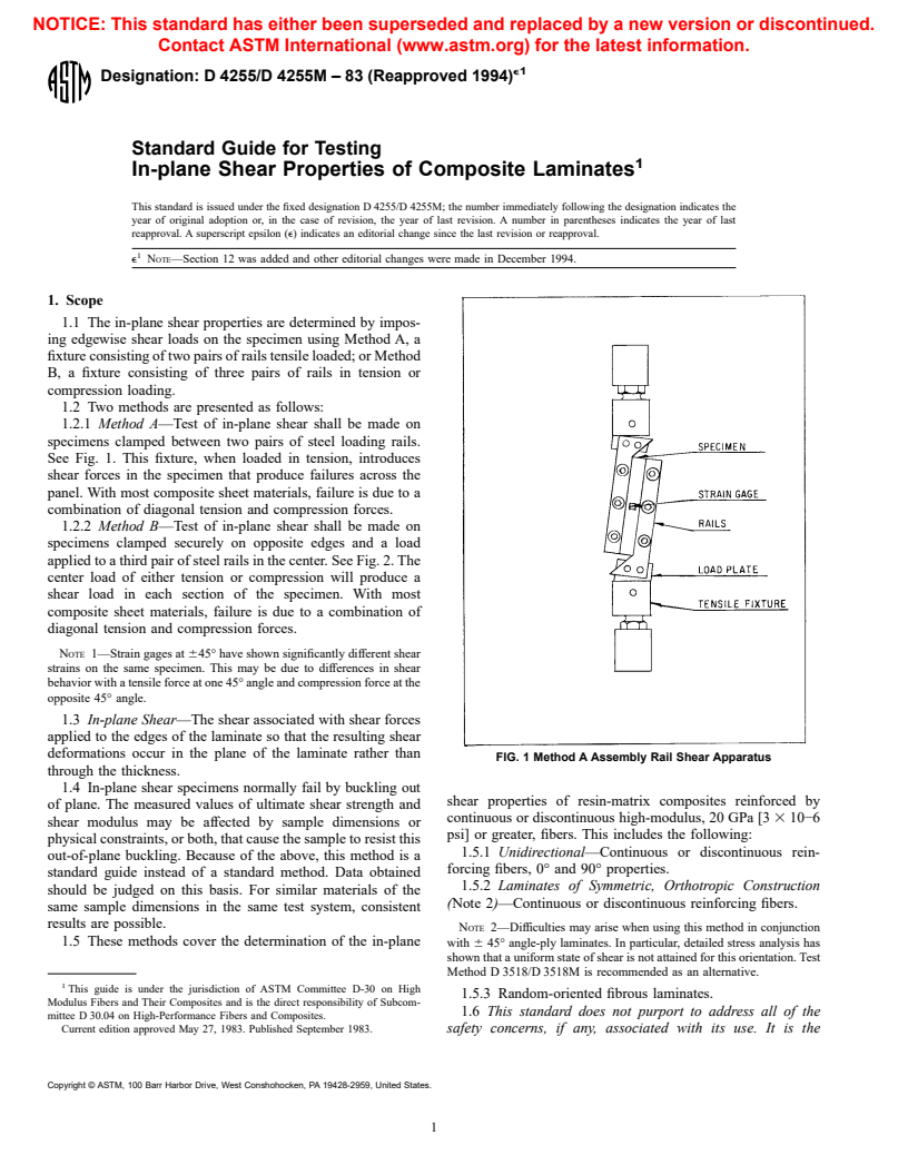 ASTM D4255/D4255M-83(1994)e1 - Standard Test Method for In-Plane Shear Properties of Polymer Matrix Composite Materials by the Rail Shear Method