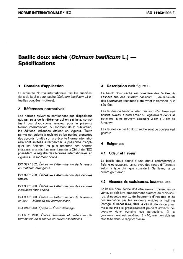 ISO 11163:1995 - Basilic doux séché (Ocimum basilicum L.) -- Spécifications