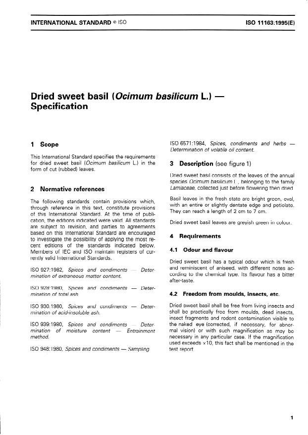 ISO 11163:1995 - Dried sweet basil (Ocimum basilicum L.) -- Specification