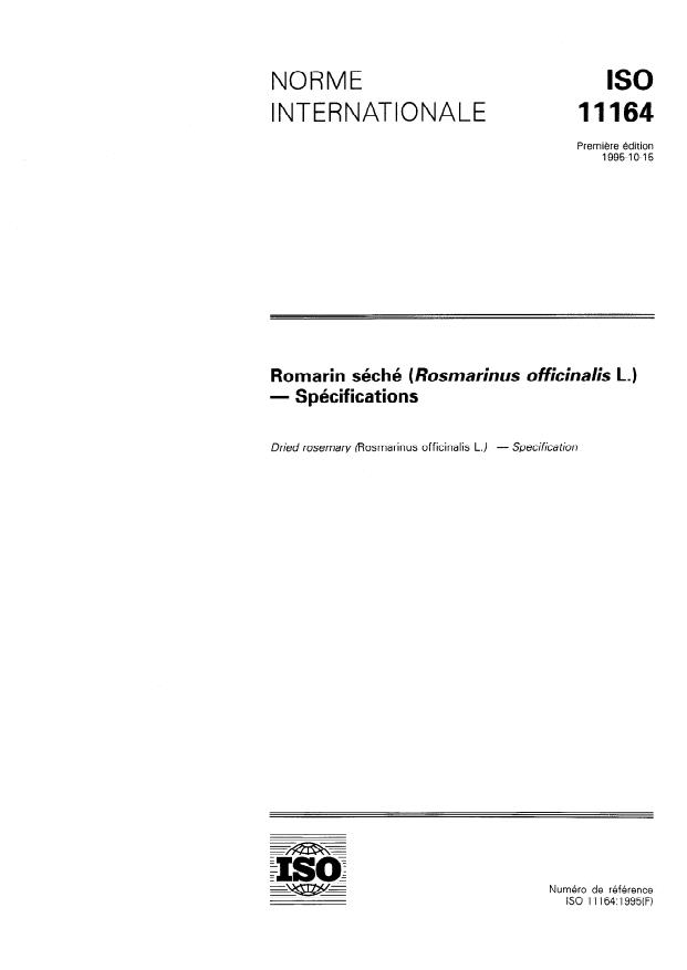 ISO 11164:1995 - Romarin séché (Rosmarinus officinalis L.) -- Spécifications