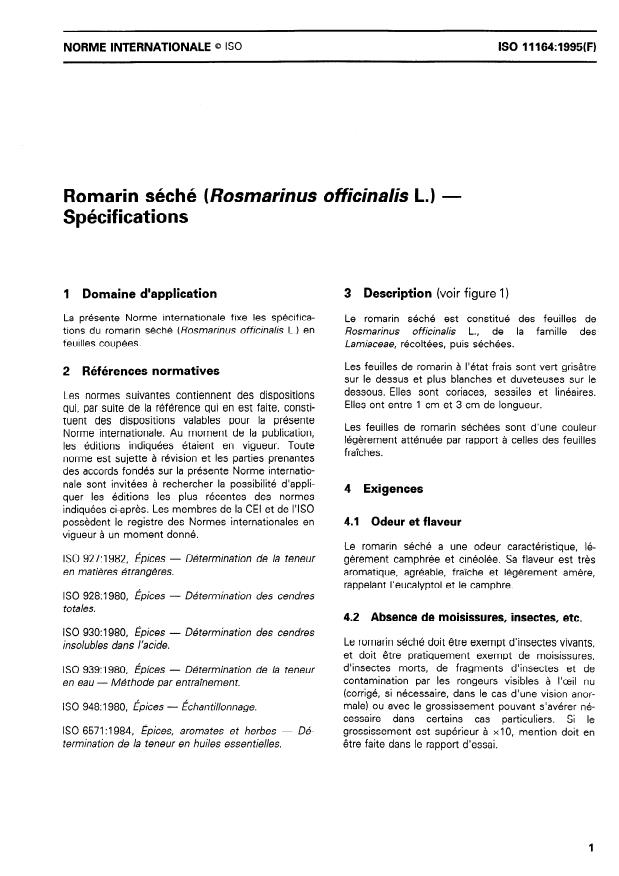 ISO 11164:1995 - Romarin séché (Rosmarinus officinalis L.) -- Spécifications