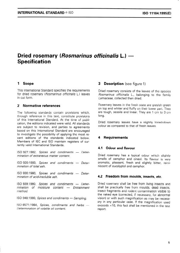 ISO 11164:1995 - Dried rosemary (Rosmarinus officinalis L.) -- Specification