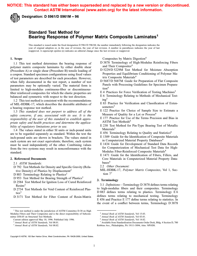 ASTM D5961/D5961M-96 - Standard Test Method for Bearing Response of Polymer Matrix Composite Laminates