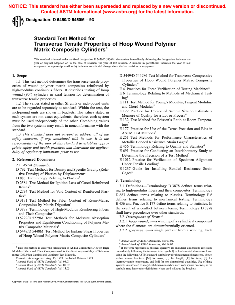 ASTM D5450/D5450M-93 - Standard Test Method for Transverse Tensile Properties of Hoop Wound Polymer Matrix Composite Cylinders