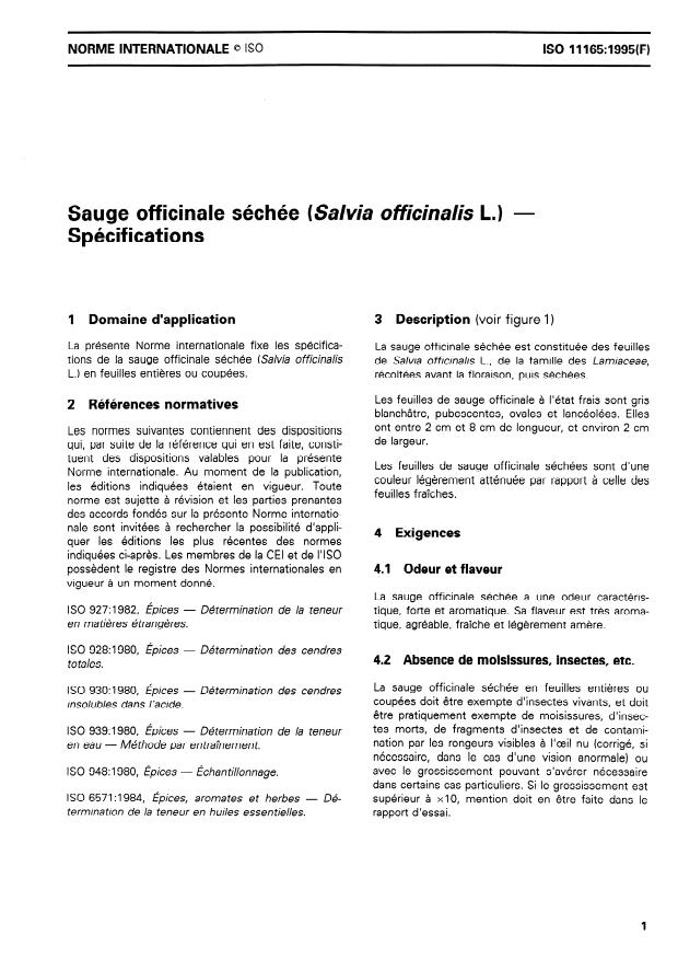 ISO 11165:1995 - Sauge officinale séchée (Salvia officinalis L.) -- Spécifications