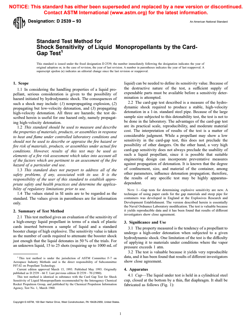 ASTM D2539-93 - Standard Test Method for Shock Sensitivity of Liquid Monopropellants by the Card-Gap Test