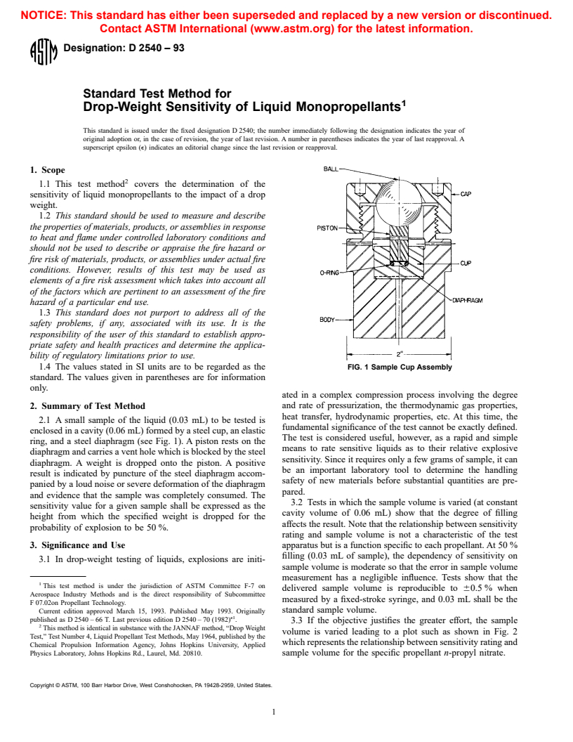 ASTM D2540-93 - Standard Test Method for Drop-Weight Sensitivity of Liquid Monopropellants