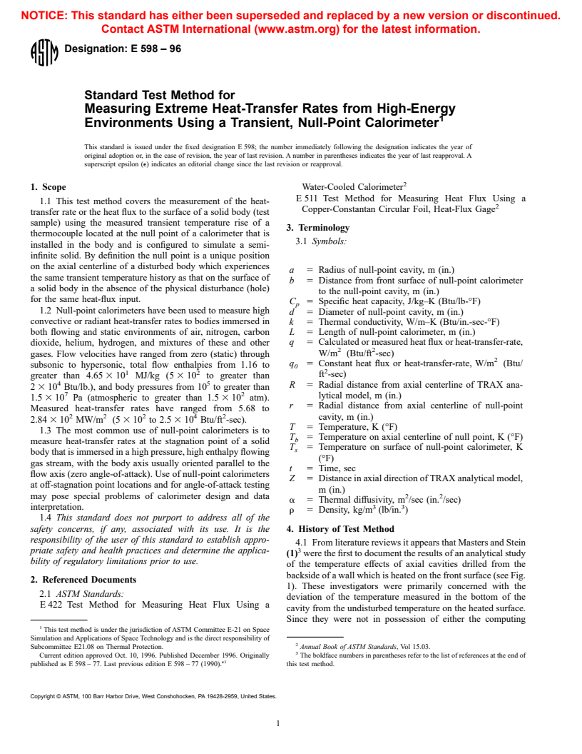 ASTM E598-96 - Standard Test Method for Measuring Extreme Heat-Transfer Rates from High-Energy Environments Using a Transient, Null-Point Calorimeter