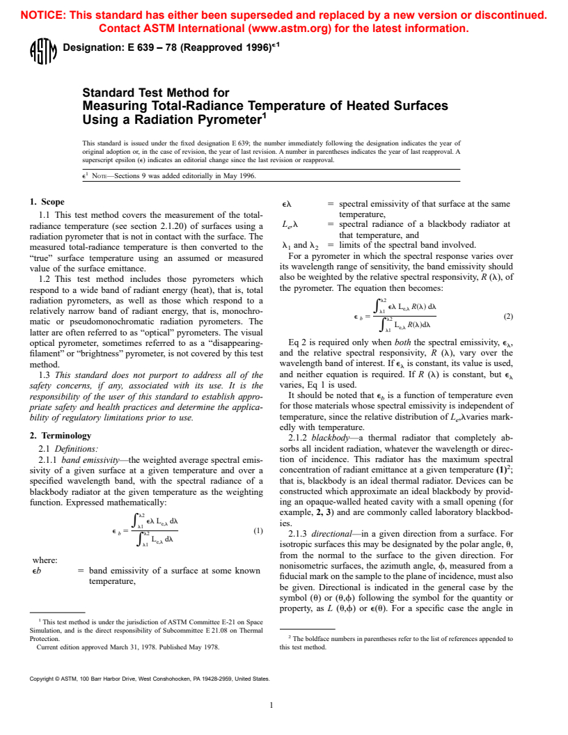 ASTM E639-78(1996)e1 - Standard Test Method for Measuring Total-Radiance Temperature of Heated Surfaces Using a Radiation Pyrometer