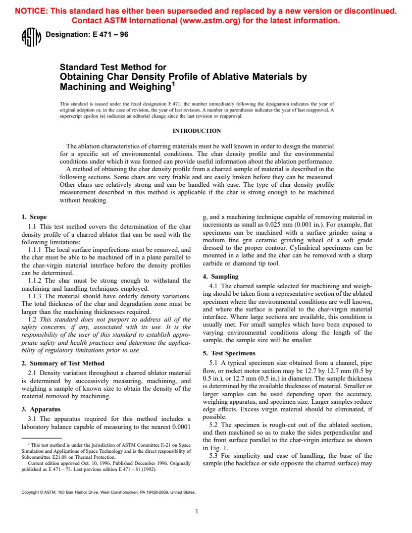 ASTM E471-96 - Standard Test Method for Obtaining Char Density Profile of Ablative Materials by Machining and Weighing