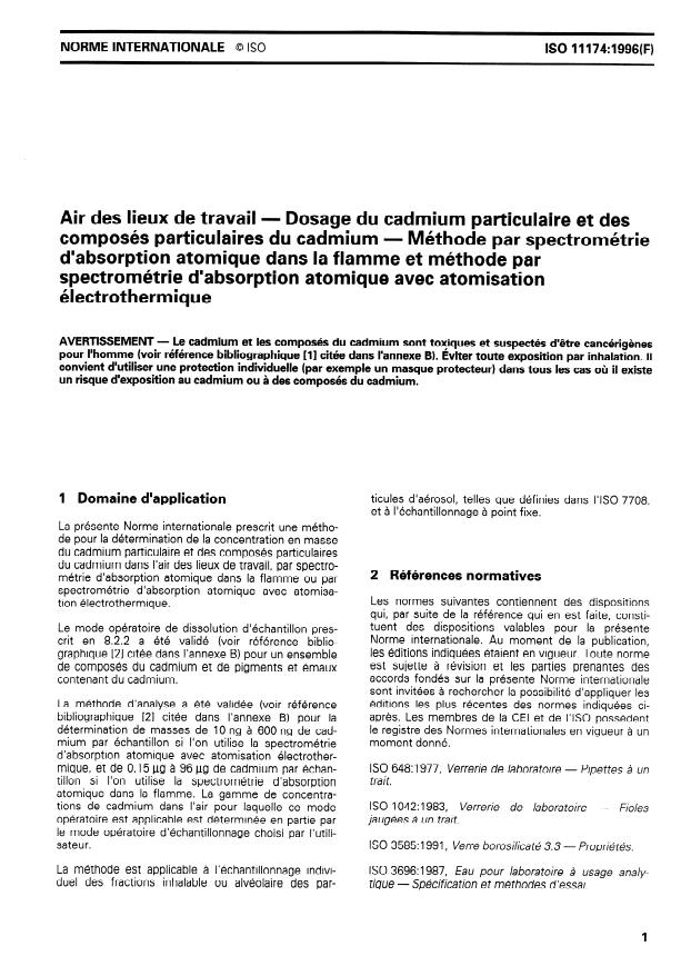 ISO 11174:1996 - Air des lieux de travail -- Dosage du cadmium particulaire et des composés particulaires du cadmium -- Méthode par spectrométrie d'absorption atomique dans la flamme et méthode par spectrométrie d'absorption atomique avec atomisation électrothermique
