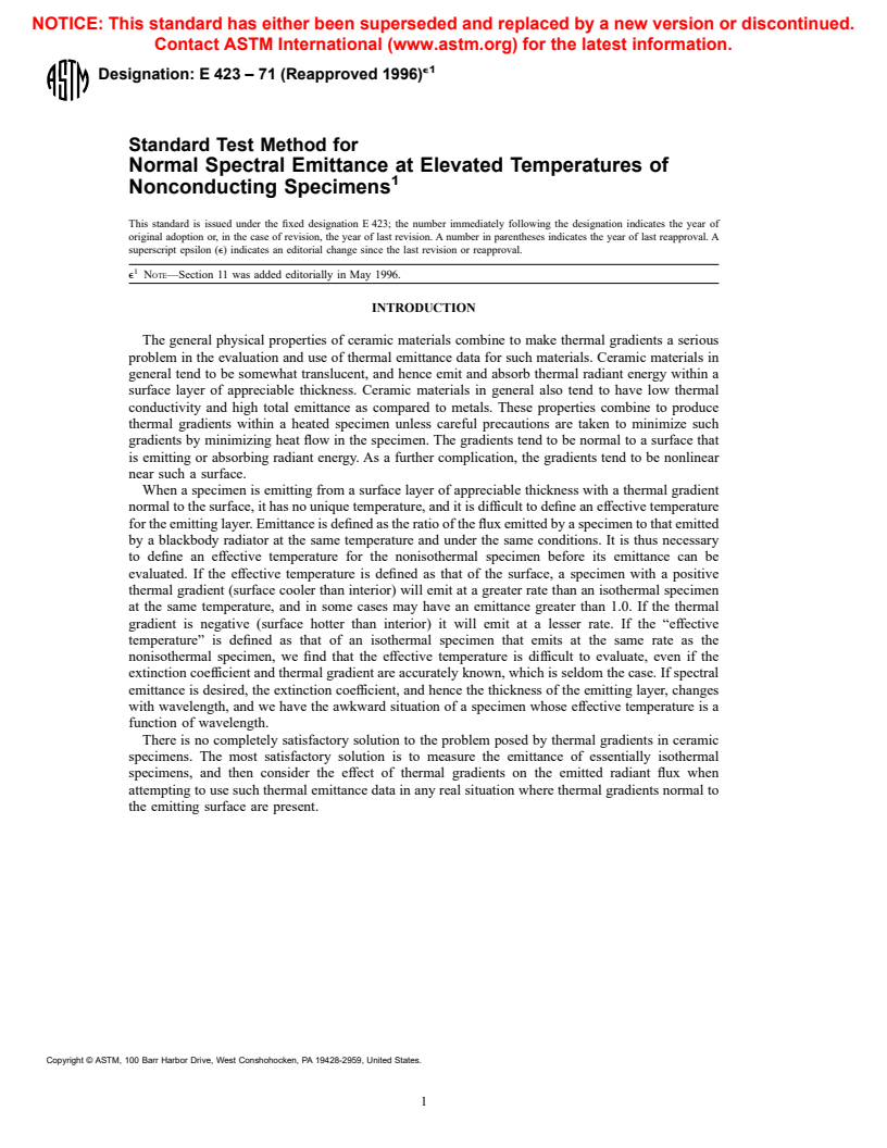 ASTM E423-71(1996)e1 - Standard Test Method for Normal Spectral Emittance at Elevated Temperatures of Nonconducting Specimens