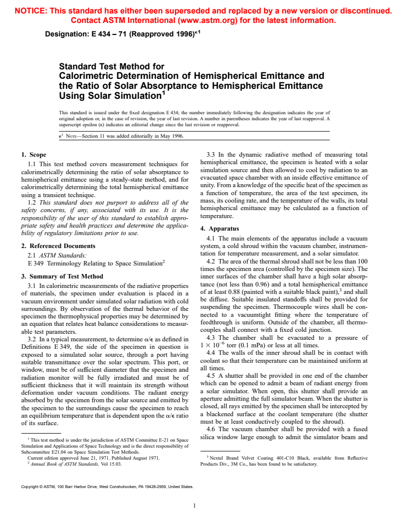 ASTM E434-71(1996)e1 - Standard Test Method for Calorimetric Determination of Hemispherical Emittance and the Ratio of Solar Absorptance to Hemispherical Emittance Using Solar Simulation