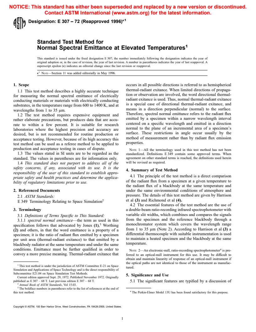 ASTM E307-72(1996)e1 - Standard Test Method for Normal Spectral Emittance at Elevated Temperatures