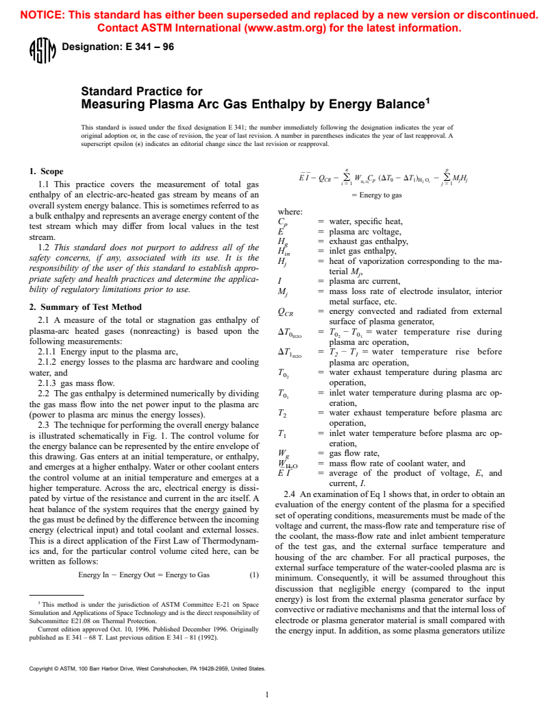 ASTM E341-96 - Standard Practice for Measuring Plasma Arc Gas Enthalpy by Energy Balance