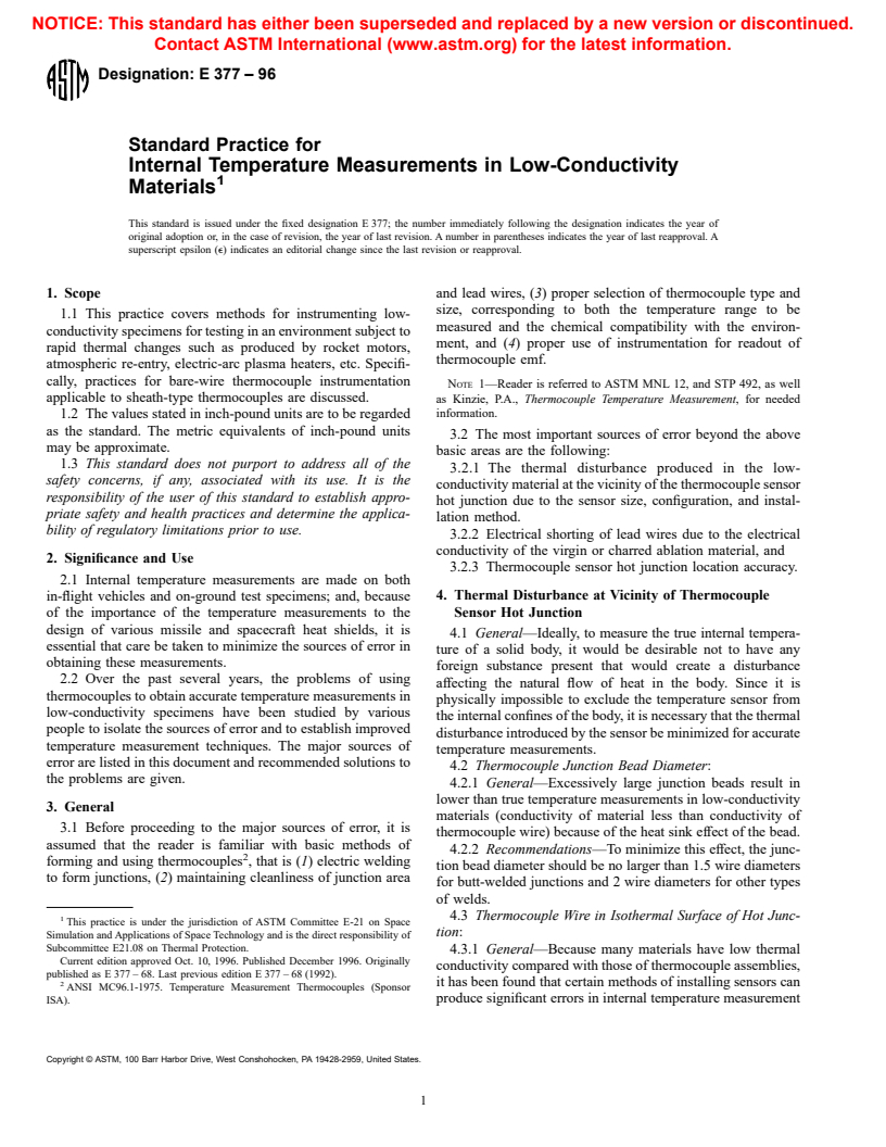 ASTM E377-96 - Standard Practice for Internal Temperature Measurements in Low-Conductivity Materials