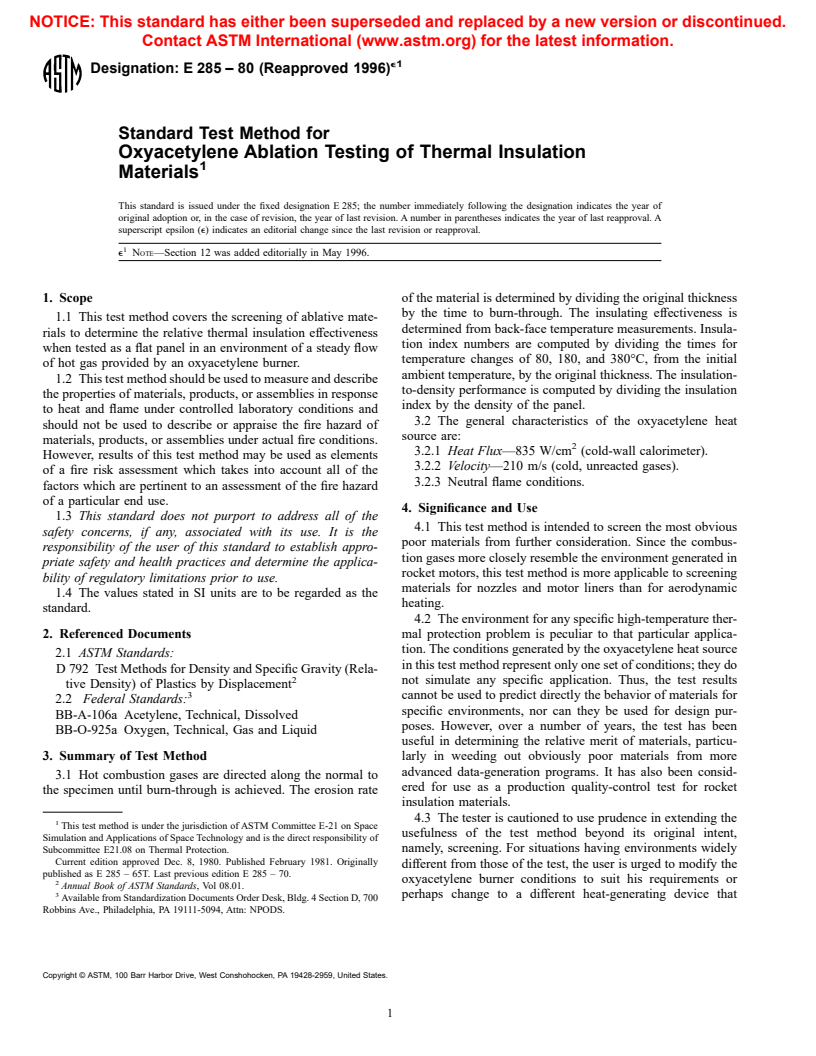 ASTM E285-80(1996)e1 - Standard Test Method for Oxyacetylene Ablation Testing of Thermal Insulation Materials