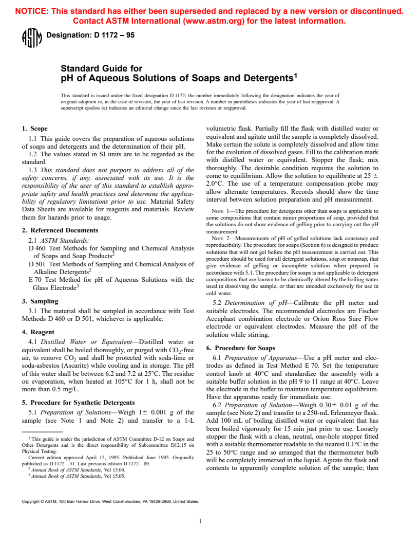 ASTM D1172-95 - Standard Guide for pH of Aqueous Solutions of Soaps and Detergents