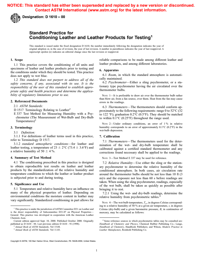 ASTM D1610-00 - Standard Practice for Conditioning Leather and Leather Products for Testing