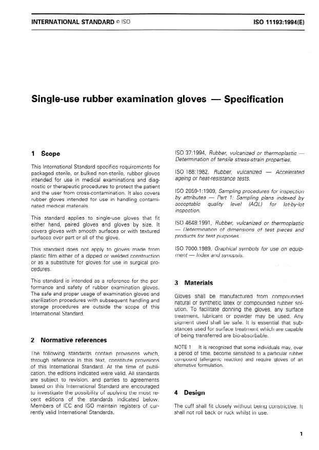 ISO 11193:1994 - Single-use rubber examination gloves -- Specification