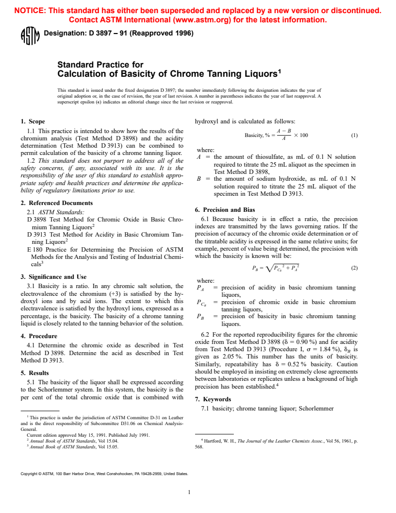 ASTM D3897-91(1996) - Standard Practice for Calculation of Basicity of Chrome Tanning Liquors